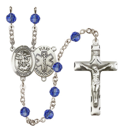 St. Michael 1st Responder Set In Sterling Silver With Birthstone 6mm Austrian Crystal Sapphire Beads For September, Bliss Manufacturing