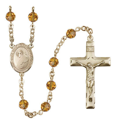 Footprints Gold-filled 6mm Austrian Crystal Rosary with Topaz Beads, Bliss Manufacturing
