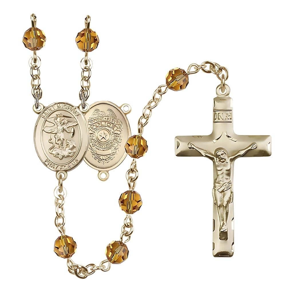 Bliss St. Michael with Police Officers Shield Birthstone 14kt Gold Rosary with Topaz 6mm Austrian Crystal Beads with a Traditional Crucifix
