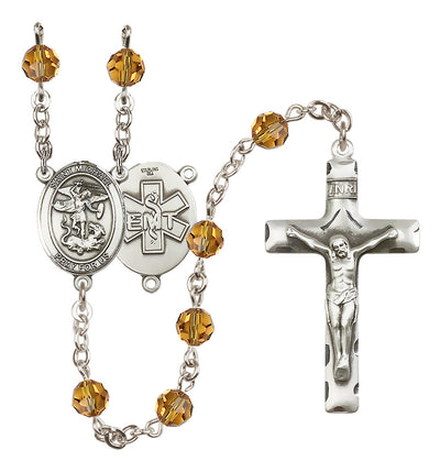 EMT Sterling Silver 6mm Topaz Austrian Crystal beads with a traditional crucifix rosary and St. Michael centerpiece with EMT symbol on back, Bliss Manufacturing