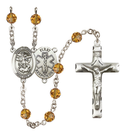 St. Michael 1st Responder Set In Sterling Silver With Birthstone 6mm Austrian Crystal Topaz Beads For November, Bliss Manufacturing
