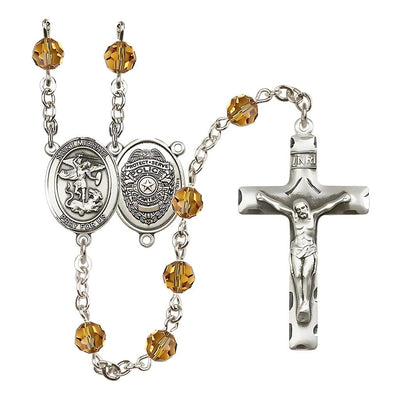 EMT Sterling Silver 6mm Topaz Austrian Crystal beads with a traditional crucifix rosary and St. Michael centerpiece with Police Officer shieldl on back, Bliss Manufacturing