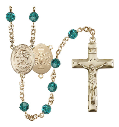 EMT 14kt Gold 6mm Zircon Austrian Crystal beads with a traditional crucifix rosary and St. Michael centerpiece with EMT symbol on back, Bliss Manufacturing