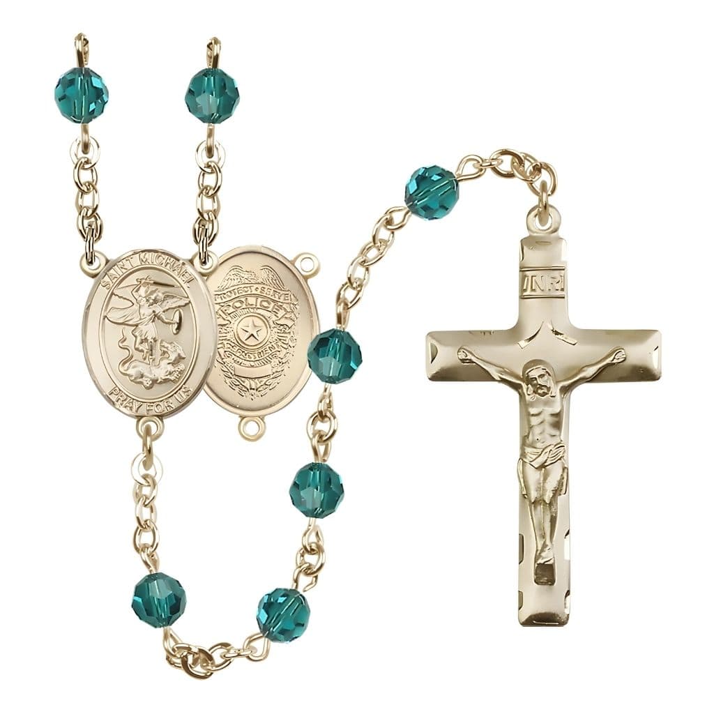 Bliss St. Michael with Police Officers Shield Birthstone 14kt Gold Rosary with Zircon 6mm Austrian Crystal Beads with a Traditional Crucifix