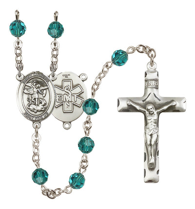 EMT Sterling Silver 6mm Zircon Austrian Crystal beads with a traditional crucifix rosary and St. Michael centerpiece with EMT symbol on back, Bliss Manufacturing