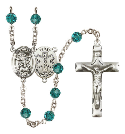 St. Michael 1st Responder Set In Sterling Silver With Birthstone 6mm Austrian Crystal Zircon Beads For December, Bliss Manufacturing