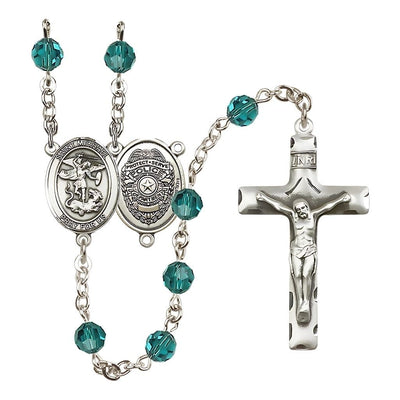 EMT Sterling Silver 6mm Zircon Austrian Crystal beads with a traditional crucifix rosary and St. Michael centerpiece with Police Officer shieldl on back, Bliss Manufacturing
