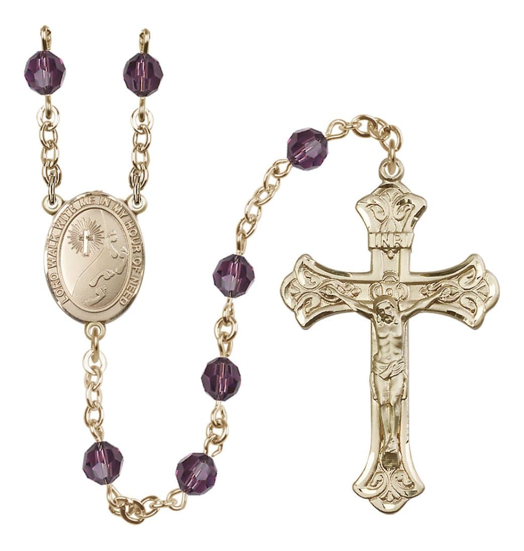 Bliss 14 Karat Gold-Filled 6mm Austrian Crystal Footprints / Cross Rosary in Amethyst,