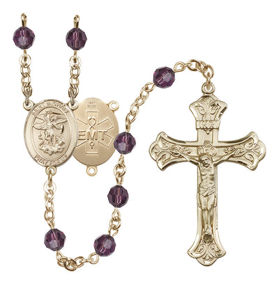 EMT 14kt Gold 6mm Aqua Austrian Crystal beads with a flared crucifix rosary and St. Michael centerpiece with EMT symbol on back in Amethyst, Bliss Manufacturing