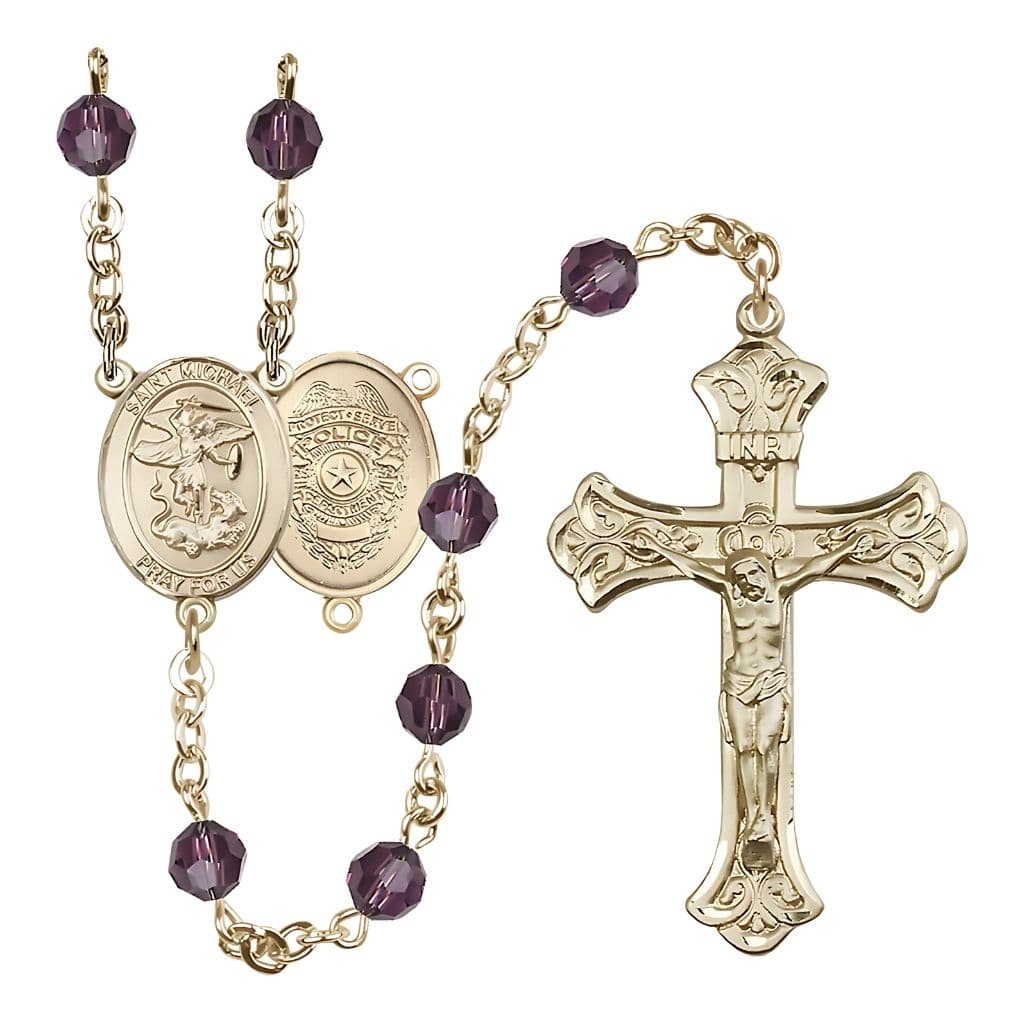 Bliss St. Michael with Police Officers Shield on Back Birthstone 14kt Gold Rosary with Amethyst 6mm Austrian Crystal Beads