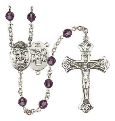 EMT Sterling Silver 6mm Amethyst Austrian Crystal beads with a flared crucifix rosary and St. Michael centerpiece with EMT symbol on back, Bliss Manufacturing