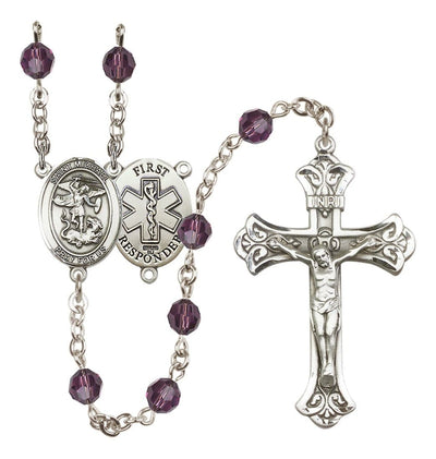 1st Responder Amethyst Birthstone Crystal Sterling Silver Flared Crucifix Rosary, Bliss Manufacturing