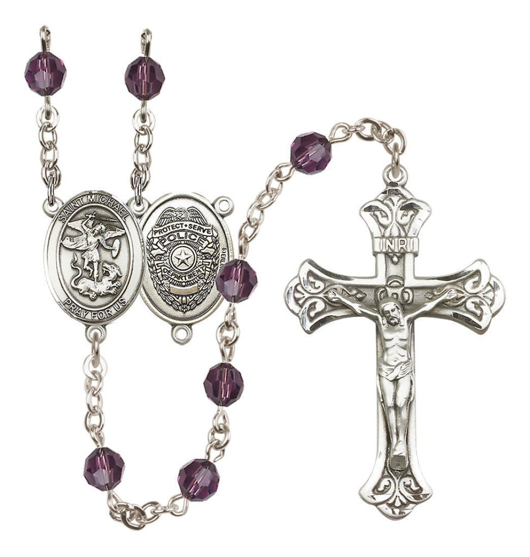 Bliss Police Officers Sterling Silver Amethyst Crystal Flared Crucifix Rosary,