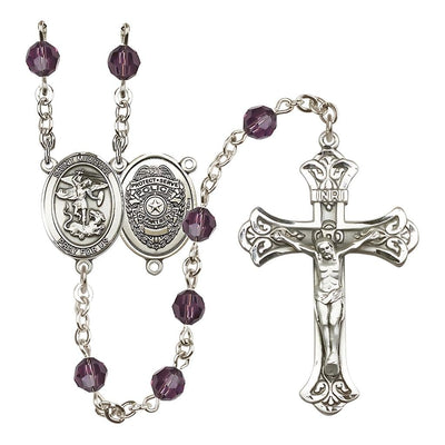 EMT Sterling Silver 6mm Austrian Crystal beads with a flared crucifix rosary and St. Michael centerpiece with Police Officer shieldl on back in Amethyst, Bliss Manufacturing