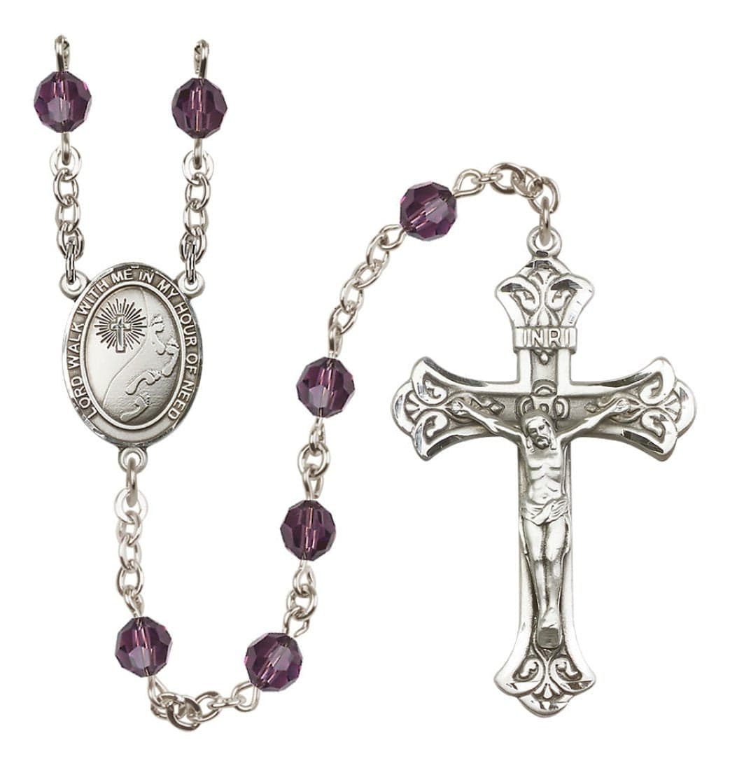 Bliss Footprints Sterling Silver Austrian Crystal Flared Crucifix Rosary in Amethyst,