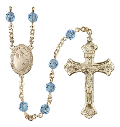 14 Karat Gold-Filled 6mm Austrian Crystal Footprints with Cross Rosary In Aqua, Bliss Manufacturing