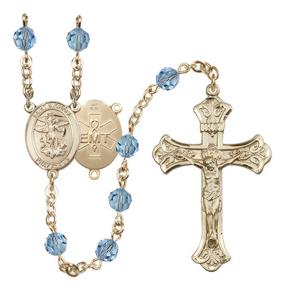 EMT 14kt Gold 6mm Austrian Crystal beads with a flared crucifix rosary and St. Michael centerpiece with EMT symbol on back in Aqua, Bliss Manufacturing