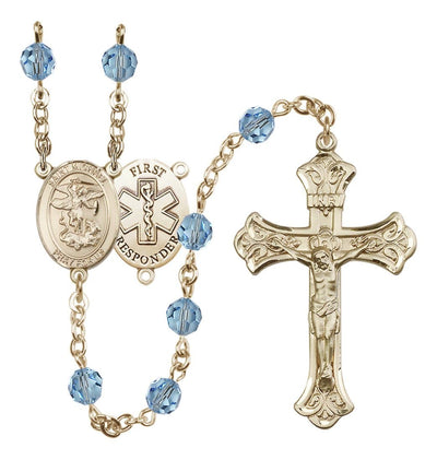 First Responder 14kt Gold Flared Tip Crucifix Aqua Crystal Rosary, Bliss Manufacturing