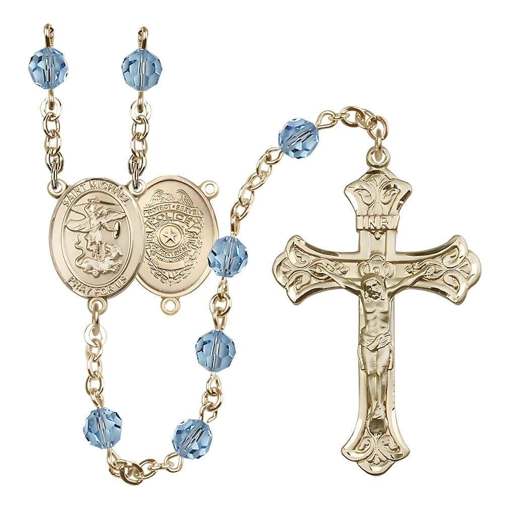 Bliss St. Michael with Police Officers Shield on Back Birthstone 14kt Gold Rosary with Aqua 6mm Austrian Crystal Beads