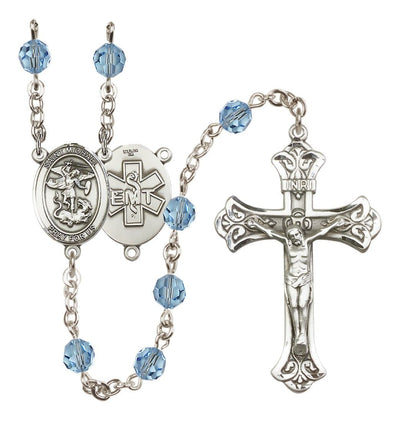 EMT Sterling Silver 6mm Aqua Austrian Crystal beads with a flared crucifix rosary and St. Michael centerpiece with EMT symbol on back, Bliss Manufacturing
