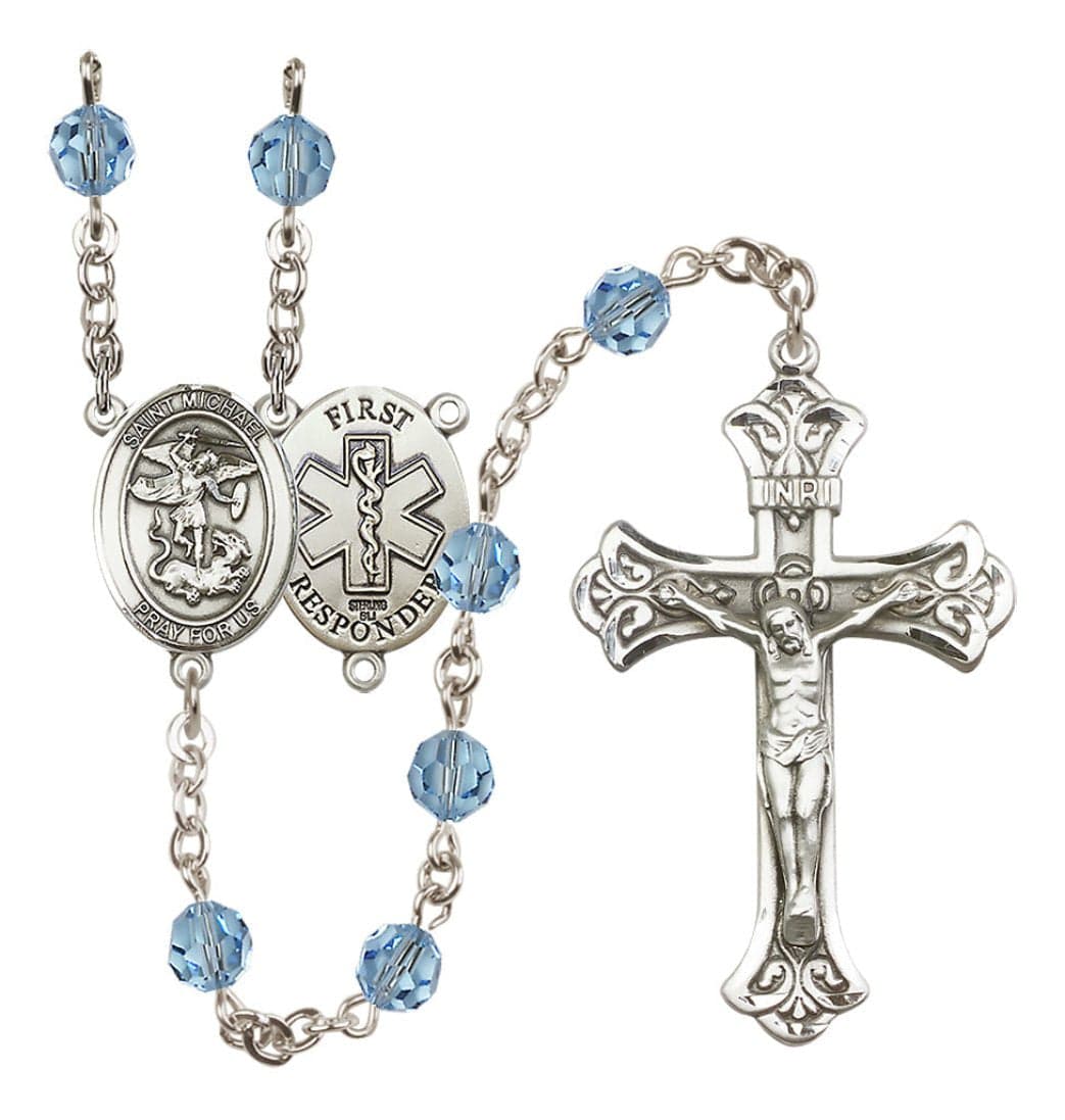 bliss manufacturing 1st responder aqua birthstone crystal sterling silver flared crucifix rosary