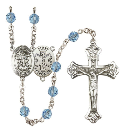 1st Responder Aqua Birthstone Crystal Sterling Silver Flared Crucifix Rosary, Bliss Manufacturing