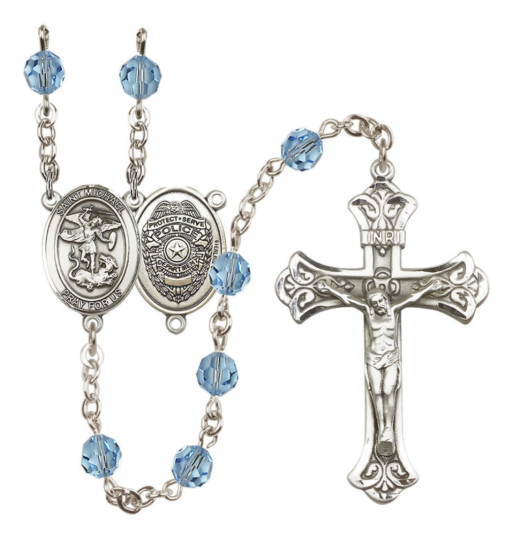 Bliss Police Officers Sterling Silver Aqua Crystal Flared Crucifix Rosary,