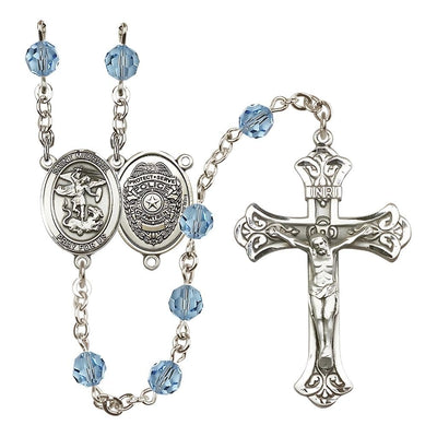 EMT Sterling Silver 6mm Emerald Austrian Crystal beads with a flared crucifix rosary and St. Michael centerpiece with Police Officer shieldl on back in Aqua, Bliss Manufacturing