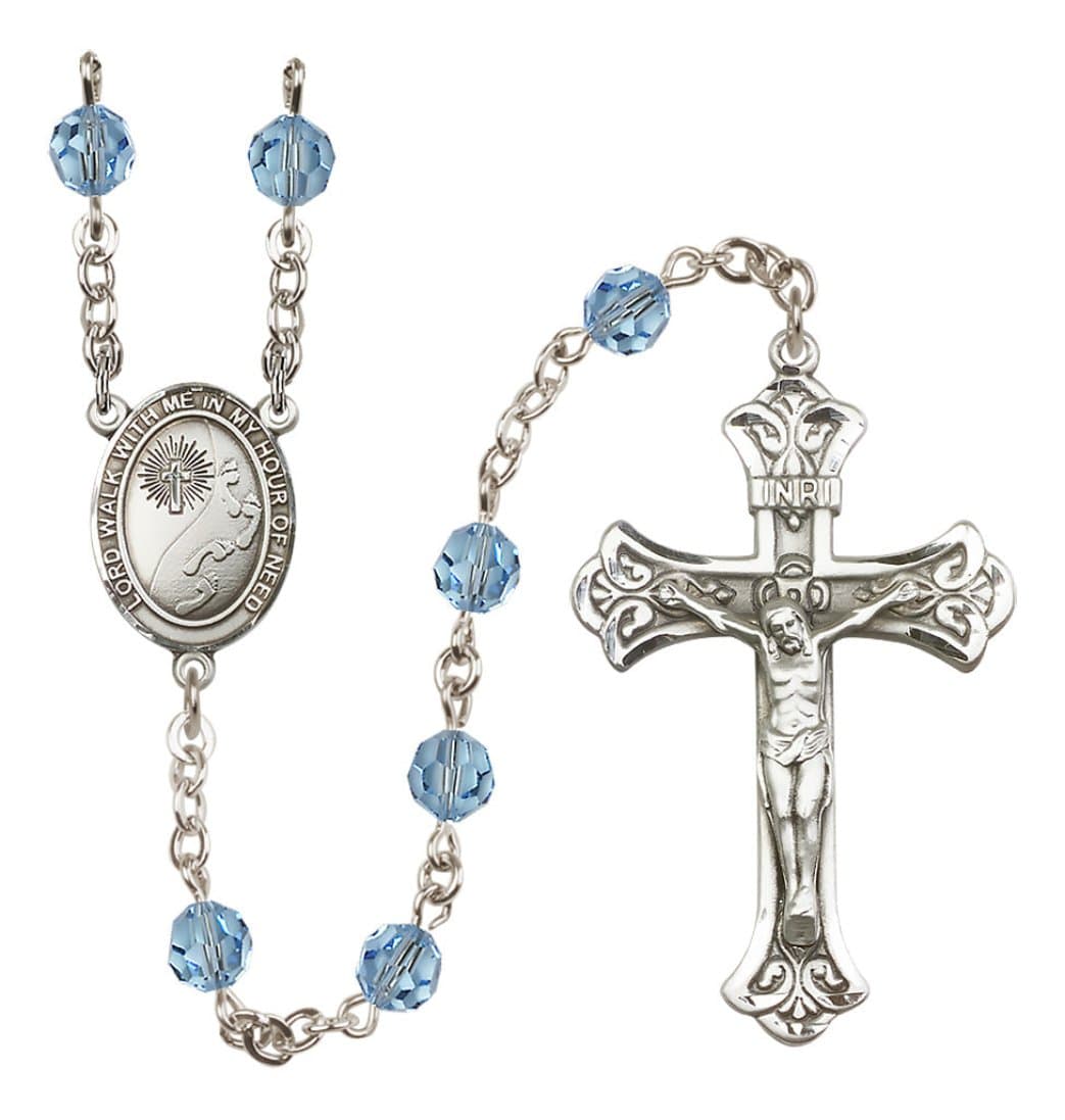 Bliss Footprints Sterling Silver Austrian Crystal Flared Crucifix Rosary in Aqua,