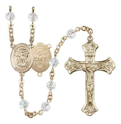 EMT 14kt Gold 6mm Emerald Austrian Crystal beads with a flared crucifix rosary and St. Michael centerpiece with EMT symbol on back, Bliss Manufacturing