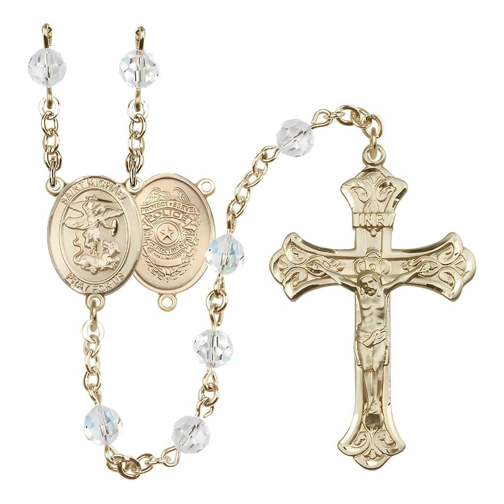Bliss St. Michael with Police Officers Shield on Back Birthstone 14kt Gold Rosary with Clear 6mm Austrian Crystal Beads