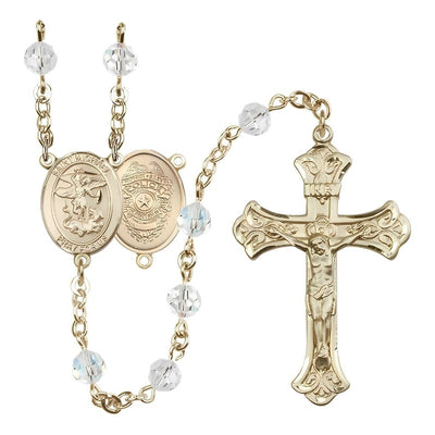 EMT 14kt Gold 6mm Austrian Crystal beads with a flared crucifix rosary and St. Michael centerpiece with Police Officer shieldl on back, Bliss Manufacturing