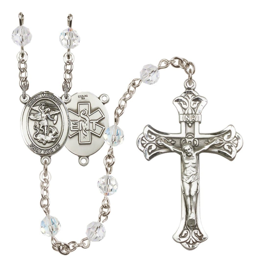 Bliss EMT Sterling Silver Crystal Flared Crucifix Rosary,