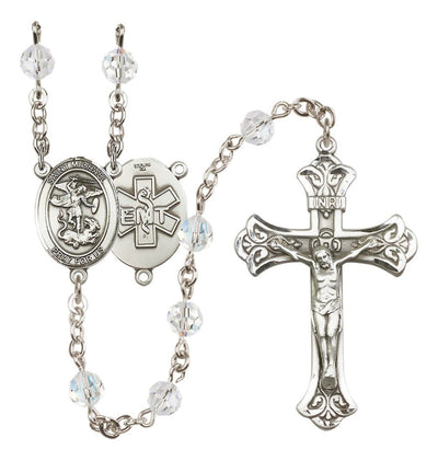 EMT Sterling Silver 6mm Austrian Crystal beads with a flared crucifix rosary and St. Michael centerpiece with EMT symbol on back, Bliss Manufacturing