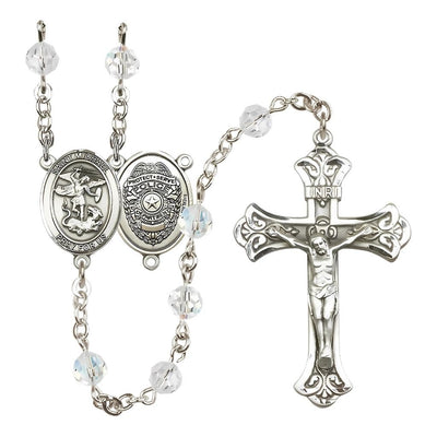 EMT Sterling Silver 6mm Light Amethyst Austrian Crystal beads with a flared crucifix rosary and St. Michael centerpiece with Police Officer shieldl on back, Bliss Manufacturing