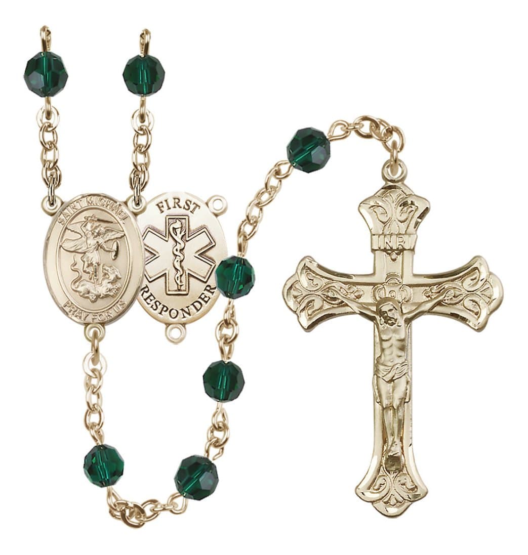 Bliss Gold-Filled 6mm Austrian Crystal Saint Michael/1St Responder Rosary in Emerald,