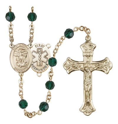 Gold-Filled 6mm Austrian Crystal Saint Michael/1st Responder Rosary In Emerald, Bliss Manufacturing