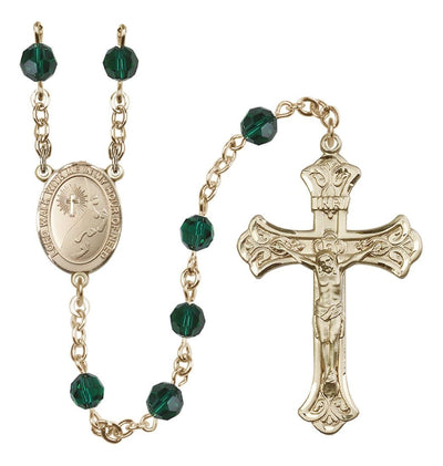 14 Karat Gold-Filled 6mm Austrian Crystal Footprints with Cross Rosary In Emerald, Bliss Manufacturing