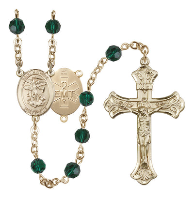 EMT 14kt Gold 6mm Light Amethyst Austrian Crystal beads with a flared crucifix rosary and St. Michael centerpiece with EMT symbol on back in Emerald, Bliss Manufacturing