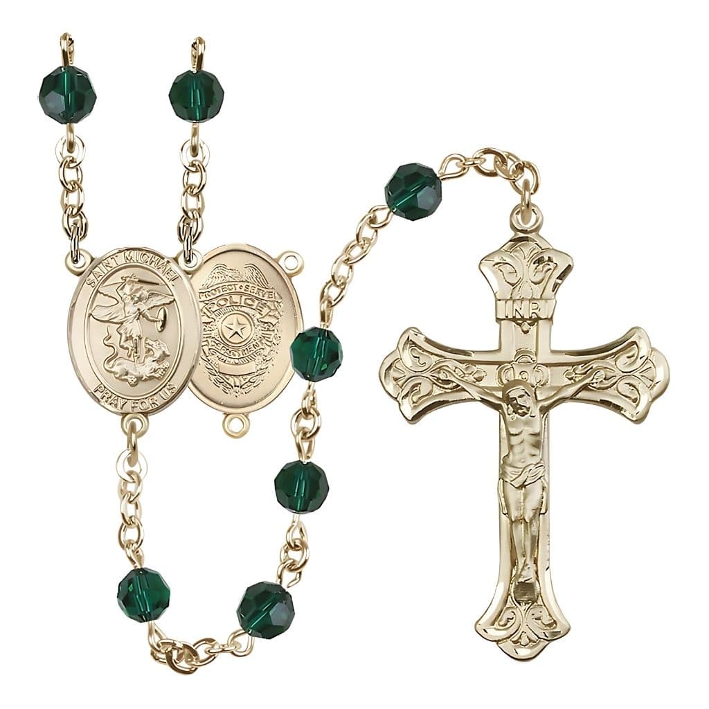 Bliss St. Michael with Police Officers Shield on Back Birthstone 14kt Gold Rosary with Emerald 6mm Austrian Crystal Beads
