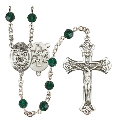 EMT Sterling Silver 6mm Emerald Austrian Crystal beads with a flared crucifix rosary and St. Michael centerpiece with EMT symbol on back, Bliss Manufacturing