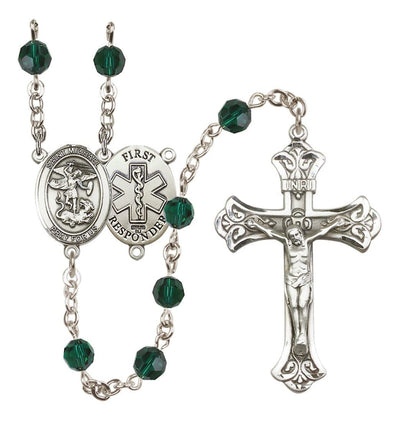1st Responder Emerald Birthstone Crystal Sterling Silver Flared Crucifix Rosary, Bliss Manufacturing