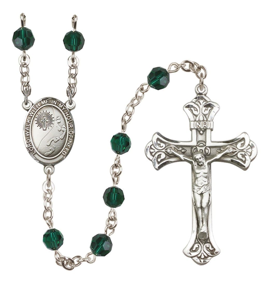 Bliss Footprints in the Sand Sterling Silver Austrian Crystal Flared Crucifix Rosary in Emerald,