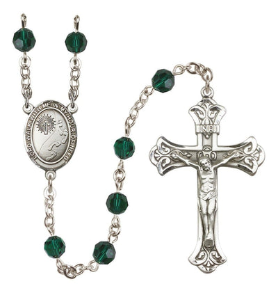 Footprints In The Sand Sterling Silver Austrian Crystal Flared Crucifix Rosary In Emerald, Bliss Manufacturing