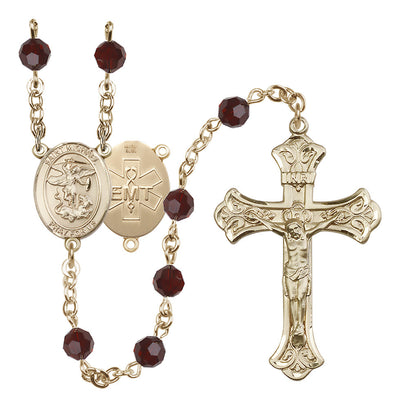 EMT 14kt Gold-filled 6mm Amethyst Austrian Crystal beads with a flared crucifix rosary and St. Michael centerpiece with EMT symbol on back in Garnet, Bliss Manufacturing