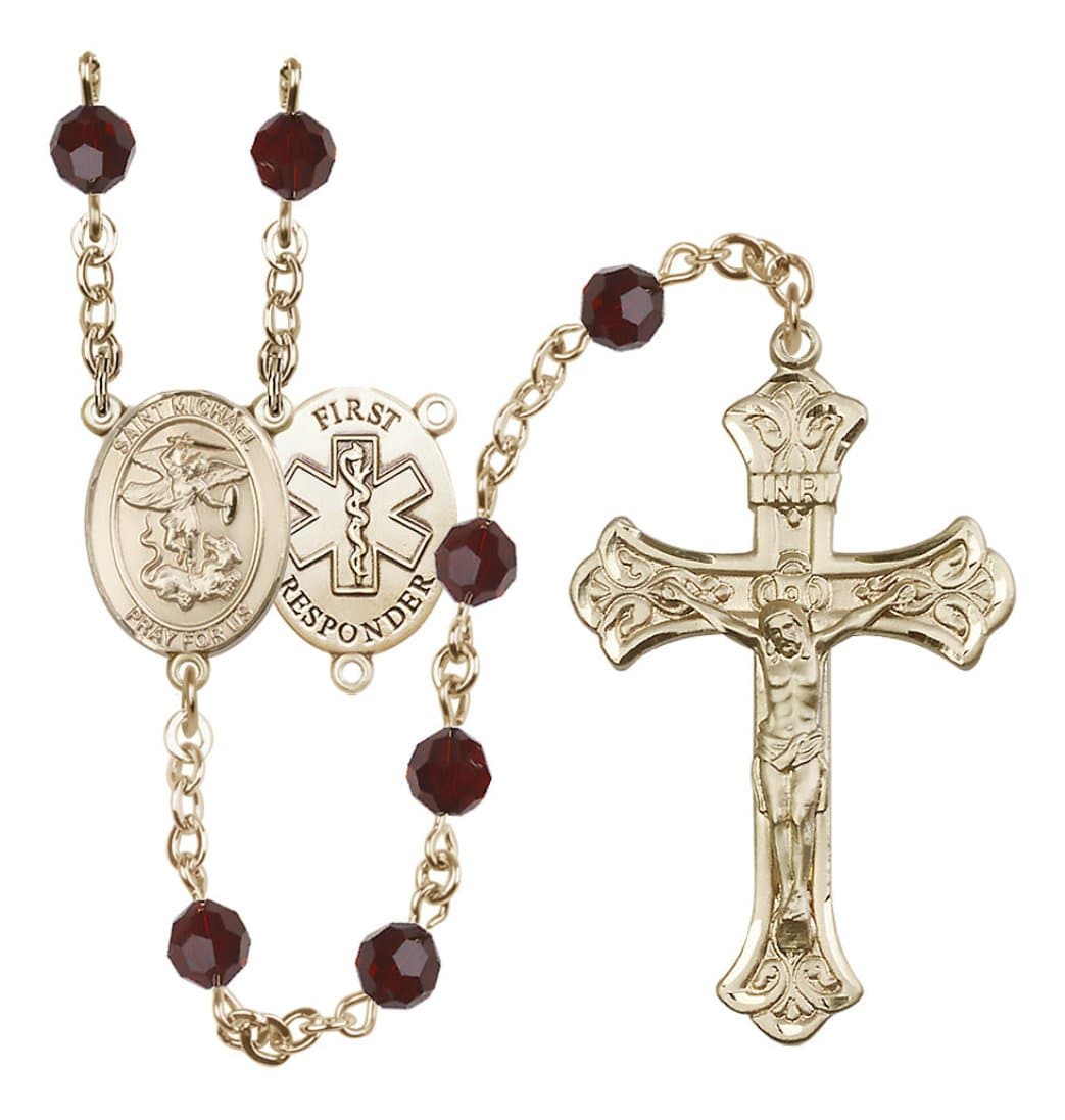 Bliss Gold-Filled 6mm Austrian Crystal Saint Michael/1St Responder Rosary in Garnet,