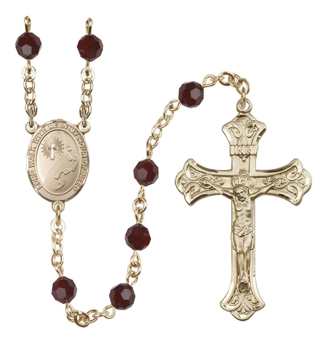 Bliss 14 Karat Gold-Filled 6mm Austrian Crystal Footprints / Cross Rosary in Garnet,