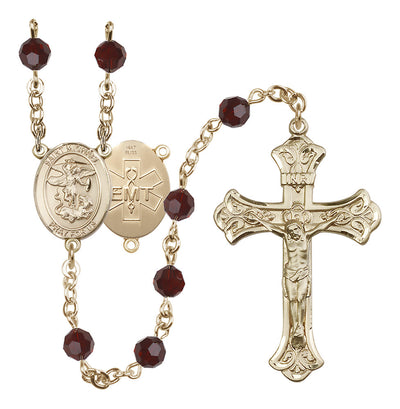 EMT 14kt Gold 6mm Amethyst Austrian Crystal beads with a flared crucifix rosary and St. Michael centerpiece with EMT symbol on back in Garnet, Bliss Manufacturing