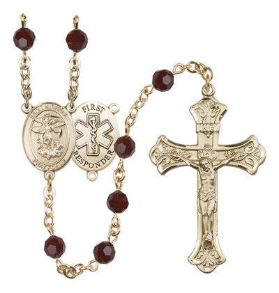 First Responder 14kt Gold Flared Tip Crucifix Garnet Crystal Rosary, Bliss Manufacturing