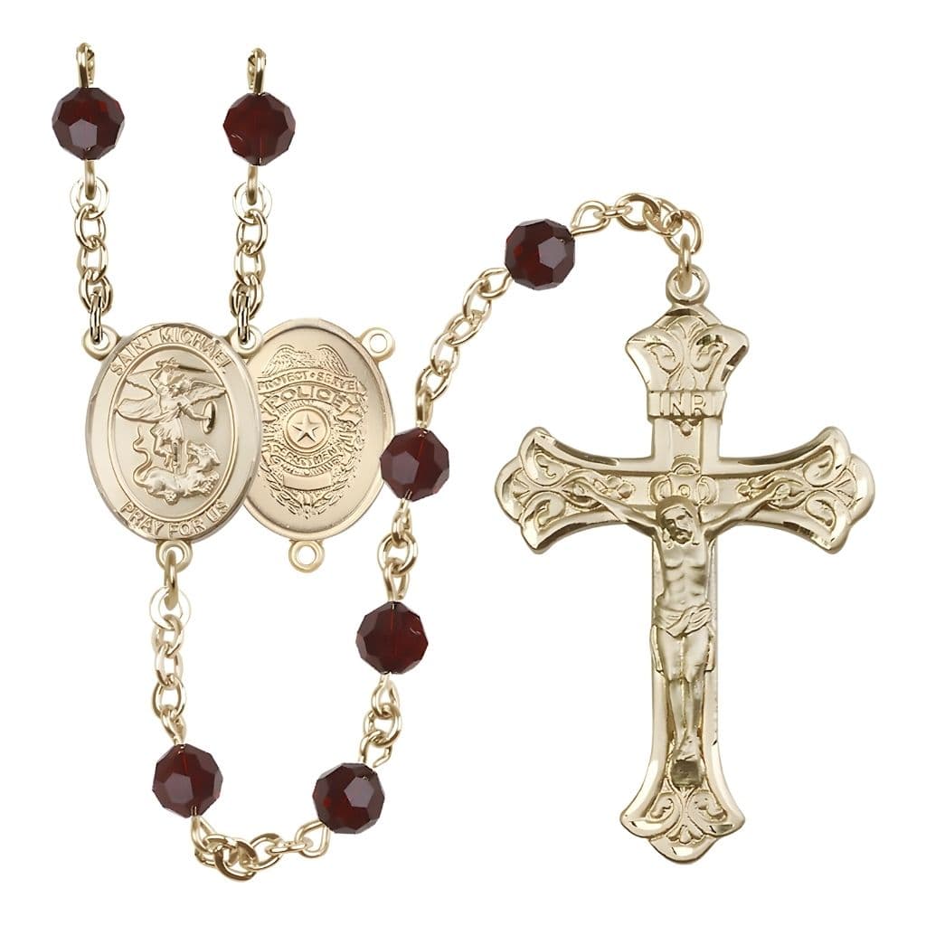 Bliss St. Michael with Police Officers Shield on Back Birthstone 14kt Gold Rosary with Garnet 6mm Austrian Crystal Beads